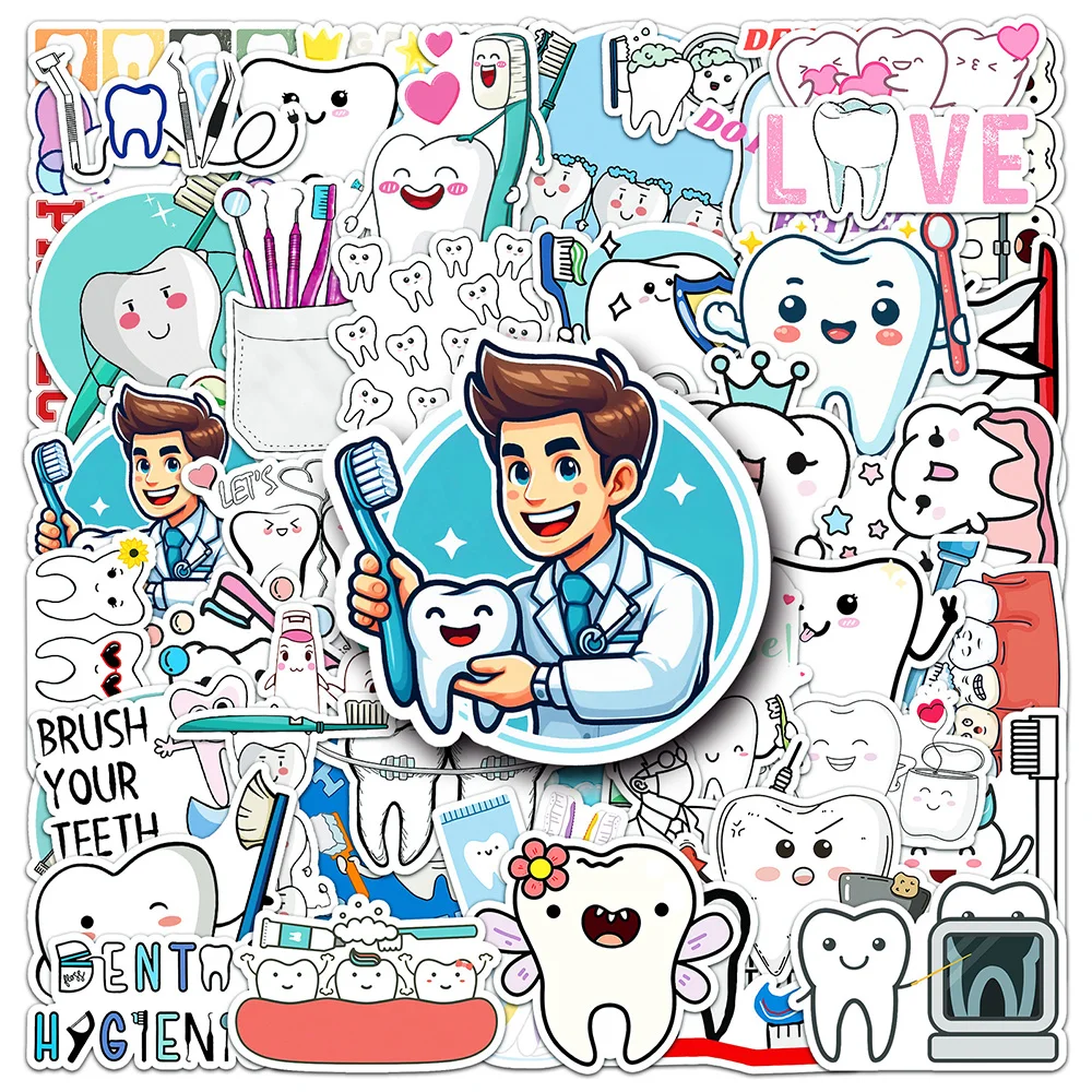 10/30/50pcs Cute Dentist Protect Tooth Stickers divertente spazzolino da denti decalcomania dei denti bagagli fai da te Skateboard Laptop Cartoon