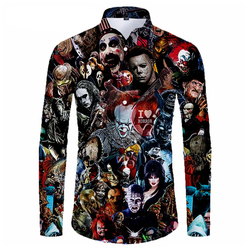 Horror Movie Full 3D Printed Shirts Men Fashion Halloween Long Sleeve Streetwear Oversized Top Homme Clothes Social Camisas