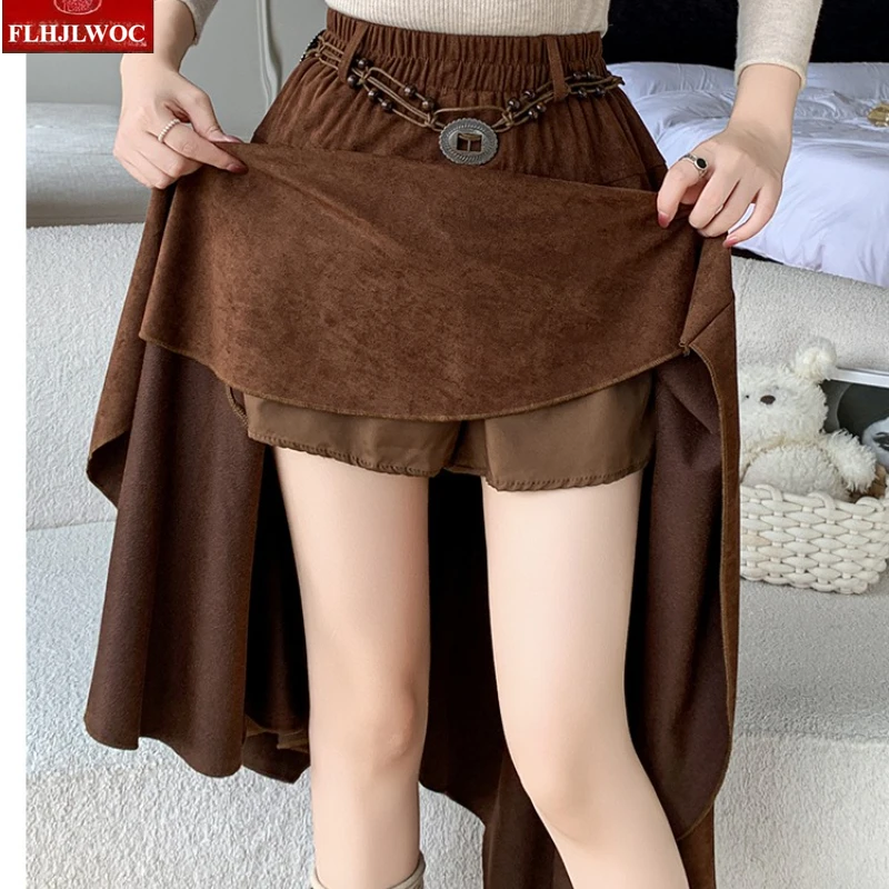 Halloween Suedette‌ Skirts Autumn Winter Woman Cute Girls All-Match Chic High Waist A Line Ruffles Layer Retro Irregular Skirt