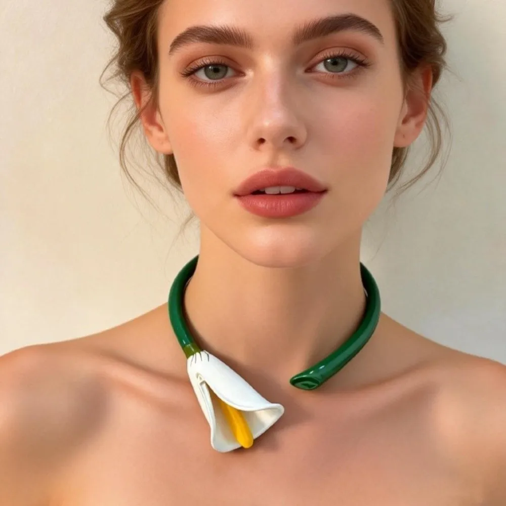 Chic Ring Flowers Jewelry Set Vintage Glazing Calla Choker Necklace Elegant Exquisite Floral Enamel Bracelet Girls