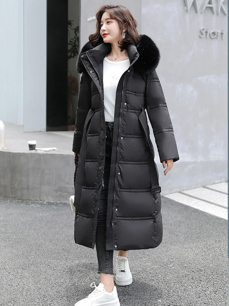 

Luxury Winter Coats Long Parkas Fur Collar Hooded Over-the-knee Puffer Jacket Women Clothing Winter Belts Slim Windproof Jacket