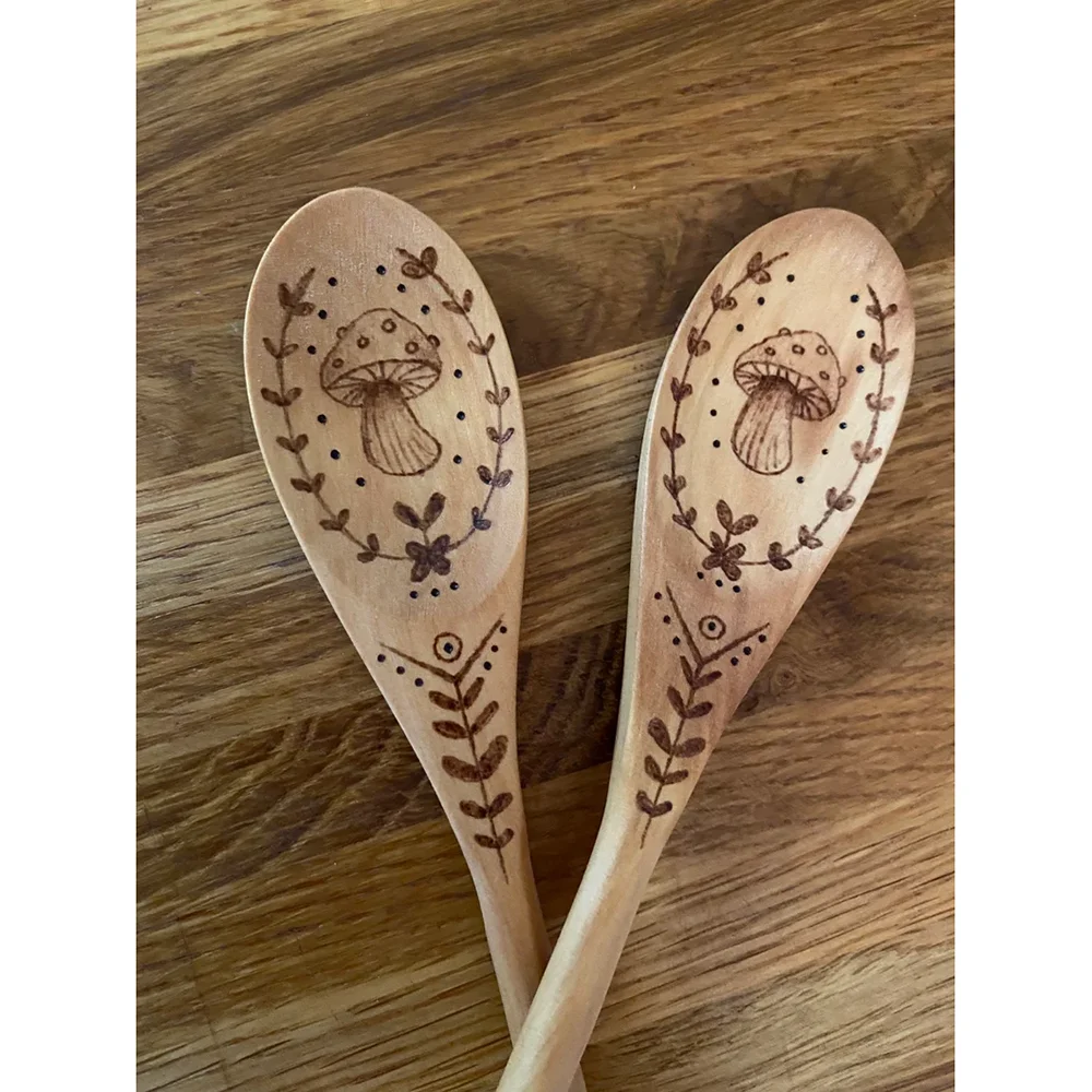 

Mushroom Cottagecore Woodburned Bamboo Wooden Spoon Kitchen Decor Witches Pagan Halloween Party Baking Cooking Supplies