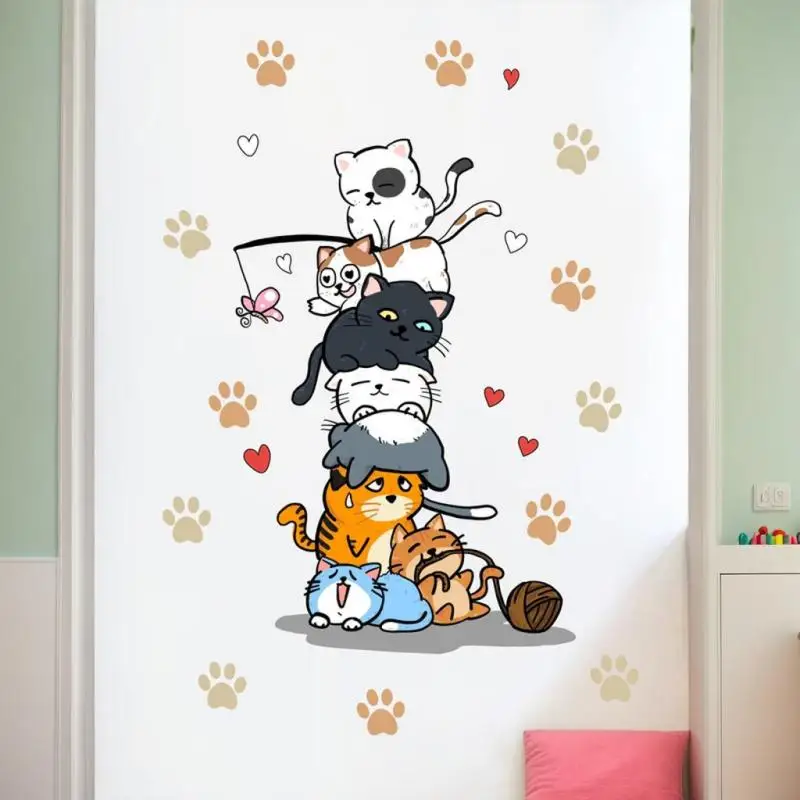 1 Buah Stiker Dinding Bertumpuk Cetakan Kaki Kucing dan Kucing Lucu untuk Dekorasi Rumah Stiker Dinding Kamar Tidur Kamar Anak-anak