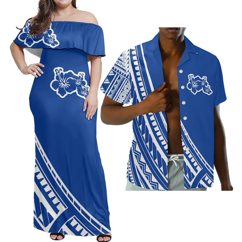 Hycool Hibiscus Print Couples Matching Clothing Polynesian Off-Shoulder Bodycon Maxi Dresses Elegant Wedding Party Dresses Women