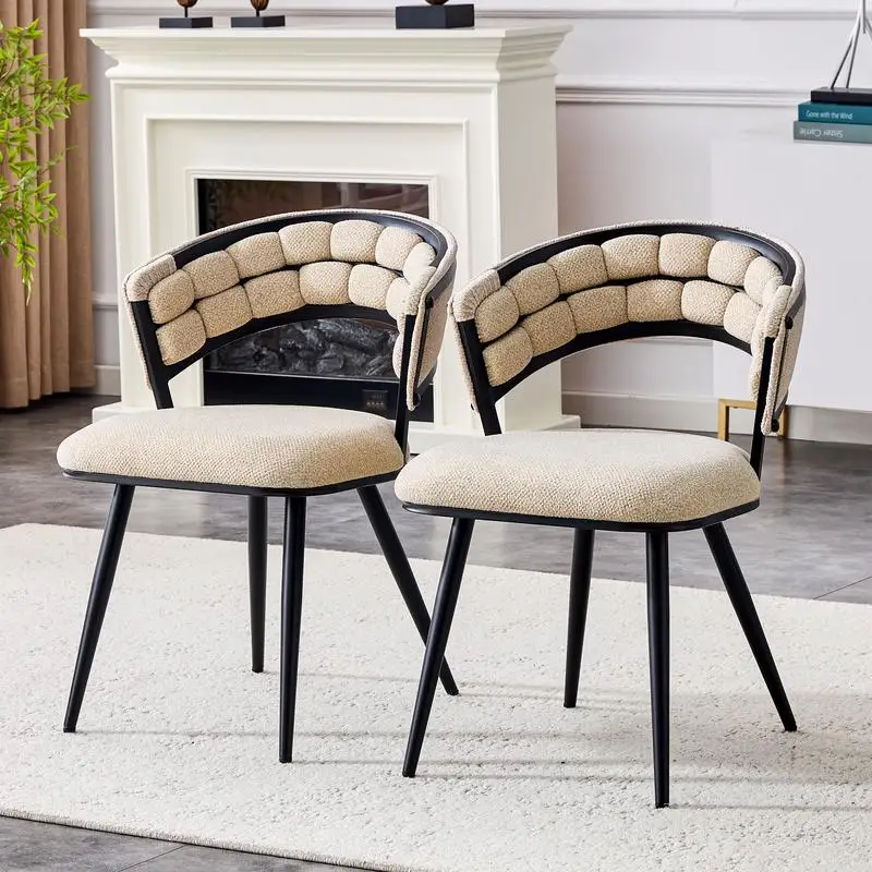 Set of 2 Beige Velvet Dining Chairs with Black Legs, Modern Upholstered Accent Chairs for Dining Room and Kitchen, Stylish and