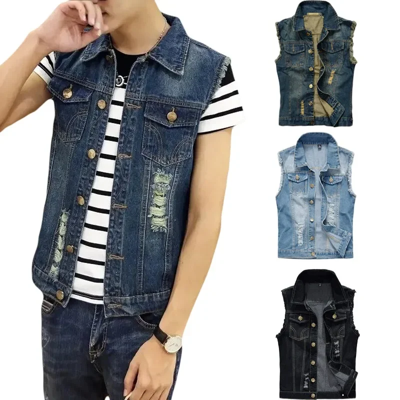 2025 Men Denim Vest Men's Jacket Sleeveless Casual Waistcoat Men Spring Jean Coat Ripped Slim Fit Male Jacket Cowboy Gilet Homme