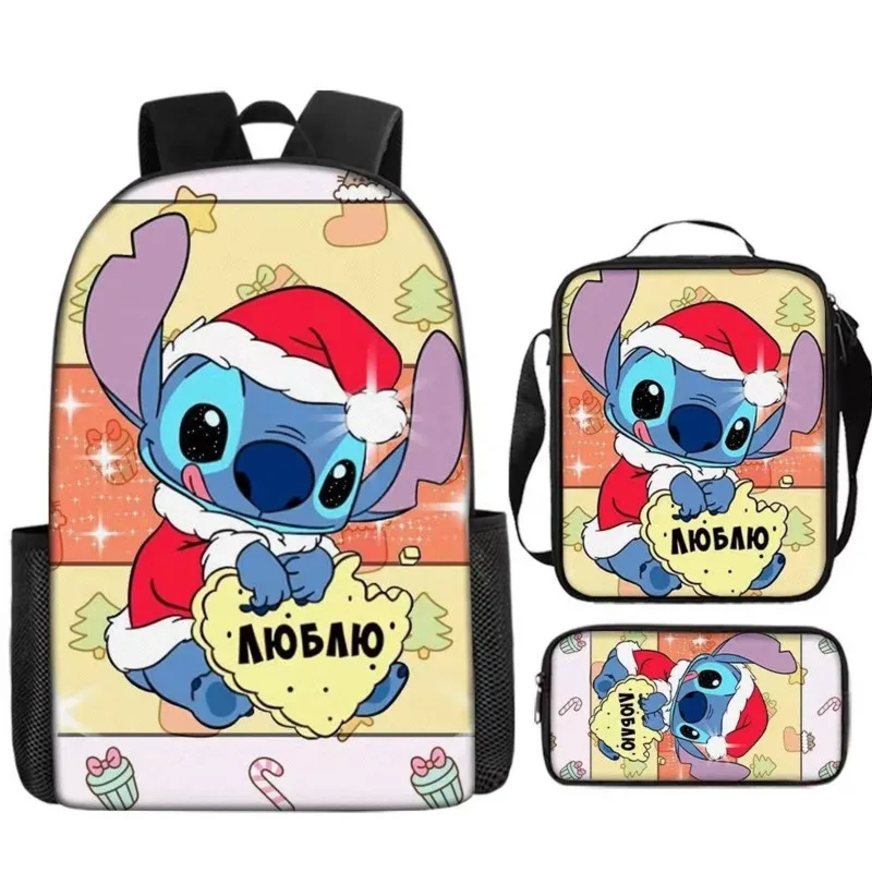 MINISO Stitch-Conjunto de tres piezas para niños, mochila para estudiantes, bolsa de viaje, bolso de hombro, estuche para lápices