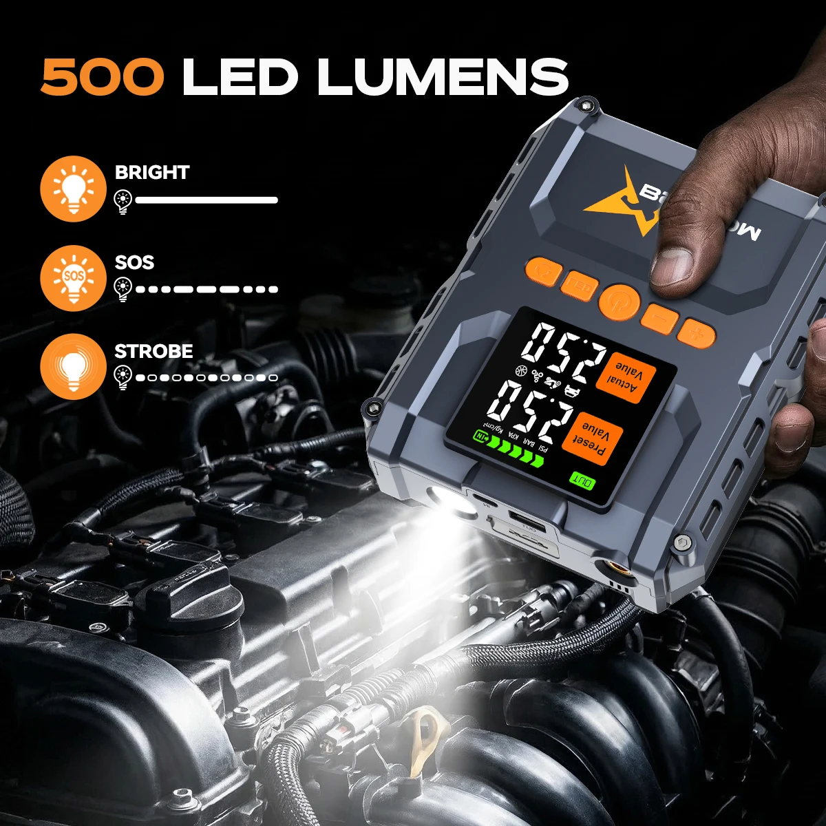 1500A PEAK Starthilfegerät mit Luftkompressor, Auto-Batterie-Starthilfe (für alle Benzin-/10L-Dieselmotoren) mit 150PSI Auto-Reifenfüller, 12V Batterie-Starthilfe, Lithium-Starthilfegerät mit intelligenter elektrischer Klemme – Detail 2