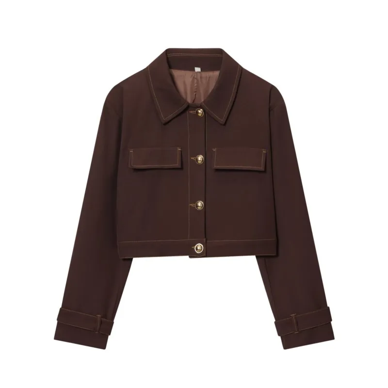 

HipSeam женская короткая куртка с контрастной строчкой, осеннее женское пальто с длинными рукавами и карманами на пуговицах, шикарные женские топы