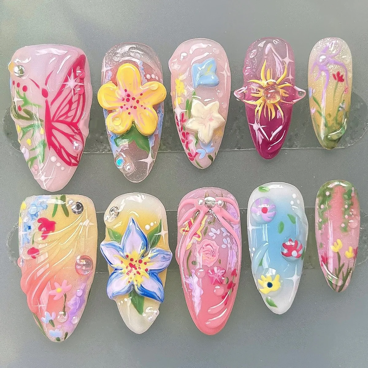 

24PCS Sweet Gradient Dopamine Almond Press on Nail Colorful 3D Flower Bowknot Fake Nails for Women Wearable False Nail with Glue