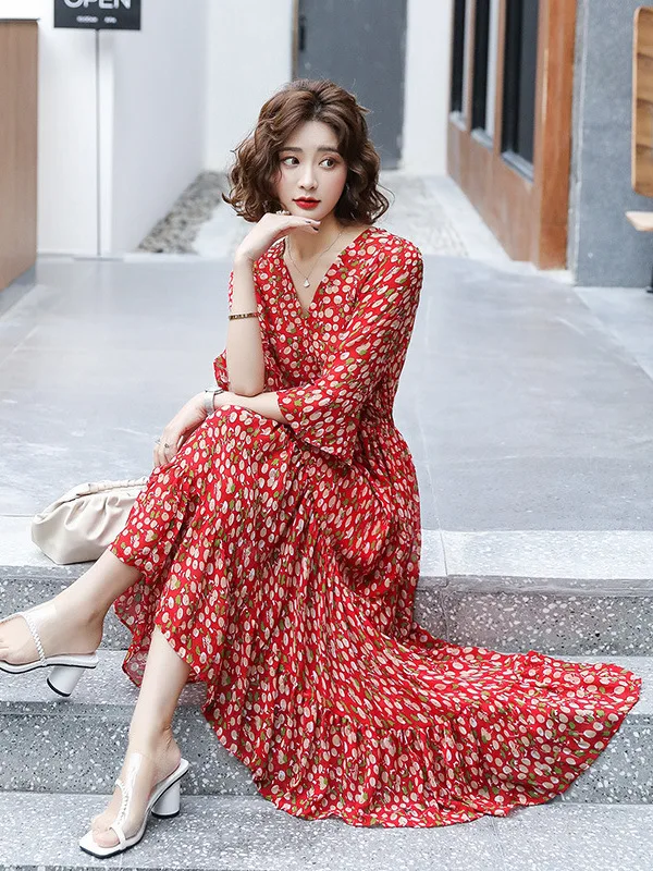 2024 New French Floral Fashionable and Fresh Dress Summer Tea Break Retro Flare Sleeves Design Sense Chiffon Long Dress T6AF