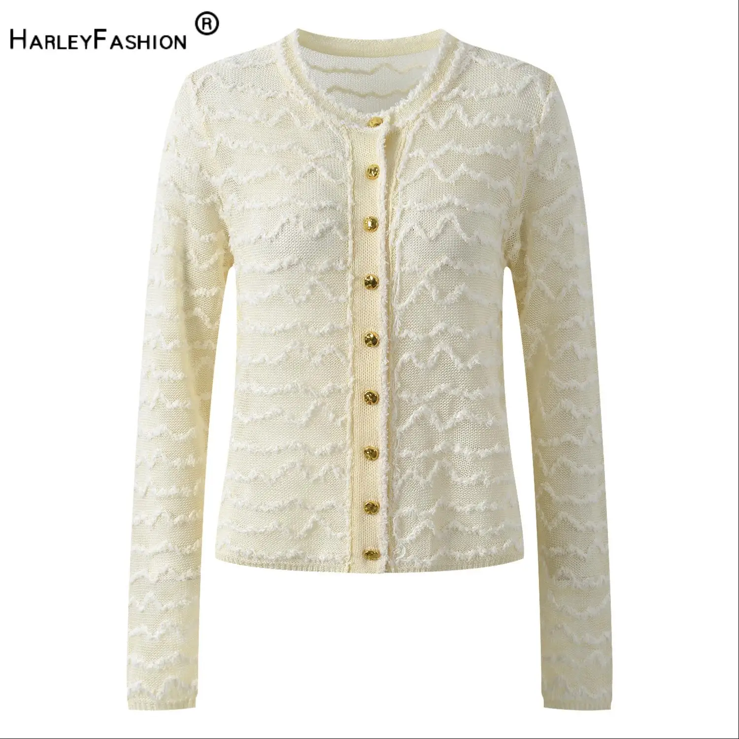 2026 Summer Autumn Lady Fashion Wavy Striped Solid O-neck Long Sleeve Single-breasted Casual Wear Women Hollow Out Knit Cardigan