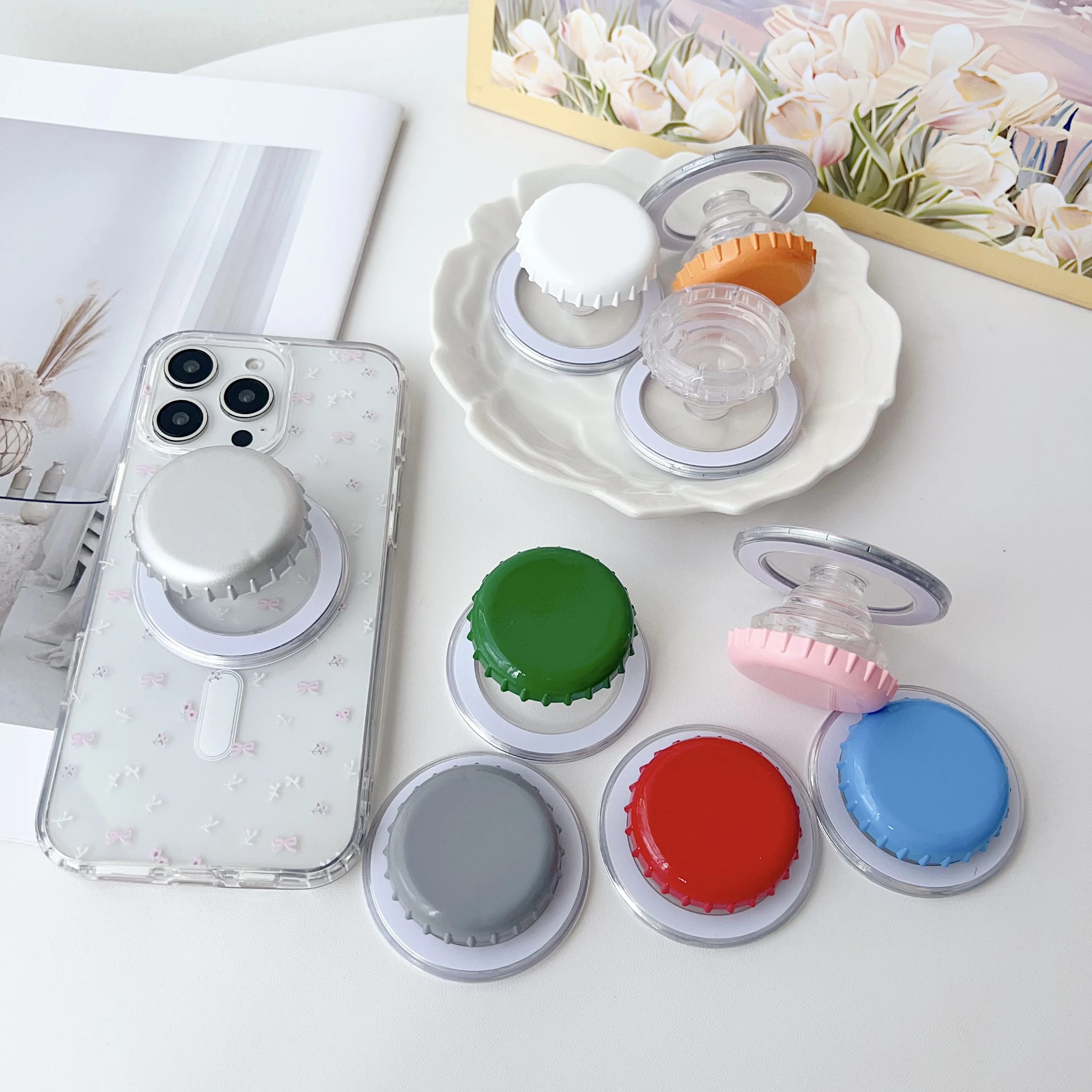 

Macaron Bottle Cap Silicone Magnetic Holder Acrylic Phone Grip Tok Detachable Bracket for Magsafe Phone Case Cute Stand Support