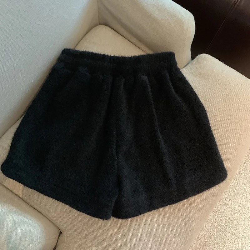 Knitted Shorts Women Solid Spring Winter Mink fur High Waist Elastic Waist Korean Casual Vintage Lace-up Wide Leg Boots Short