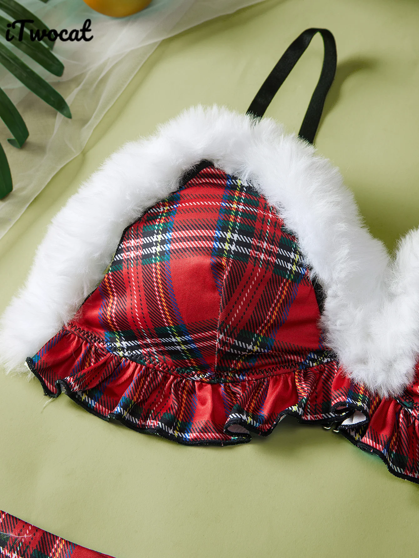 iTwocat Christmas Erotic Bras Sets For Women Sexy Lingerie Suit Plush Red Plaid Bras+Skirts 2pcs New Year Adult Sex Underwear