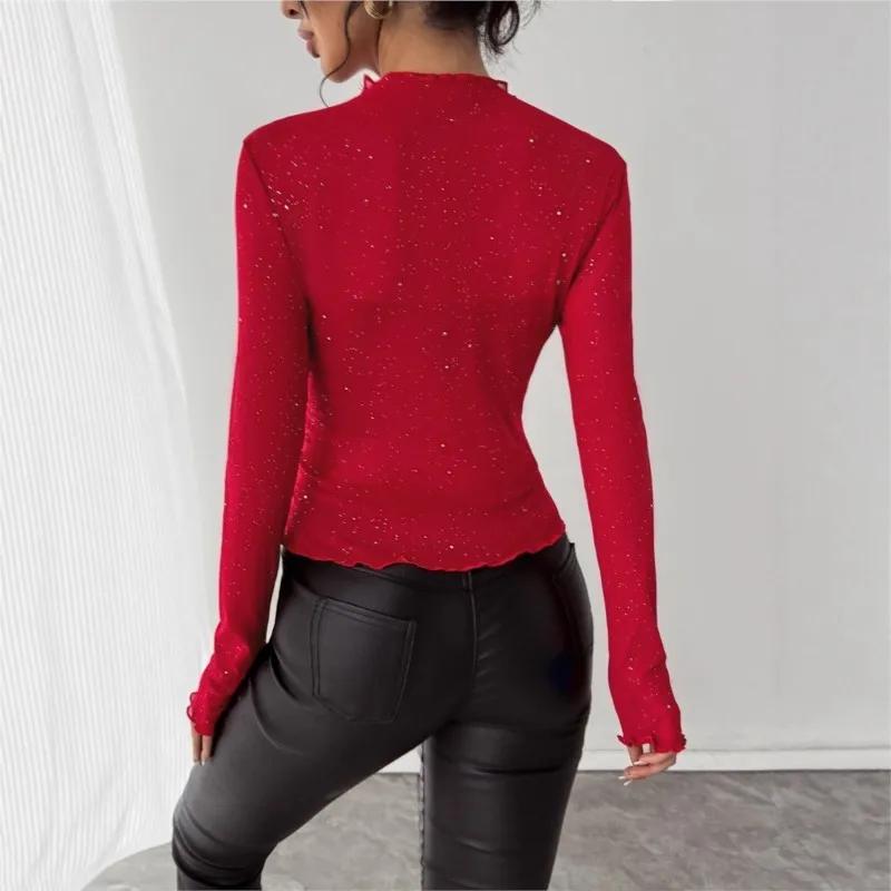 New Autumn Sequined Top For women T Shirt Fitted long-sleeved Shiny Thin Commuter Top