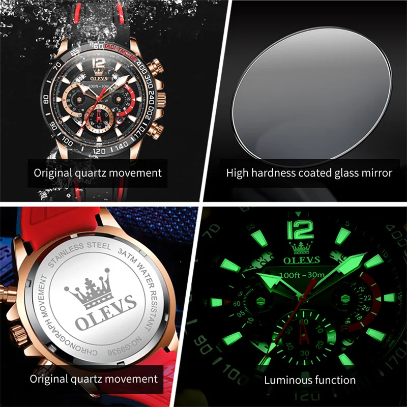 OLEVS Men's Watches Casual Business Quartz Red Rubber Band With Date Watch Luminous Hands Black Steel Case Relogio Masculino