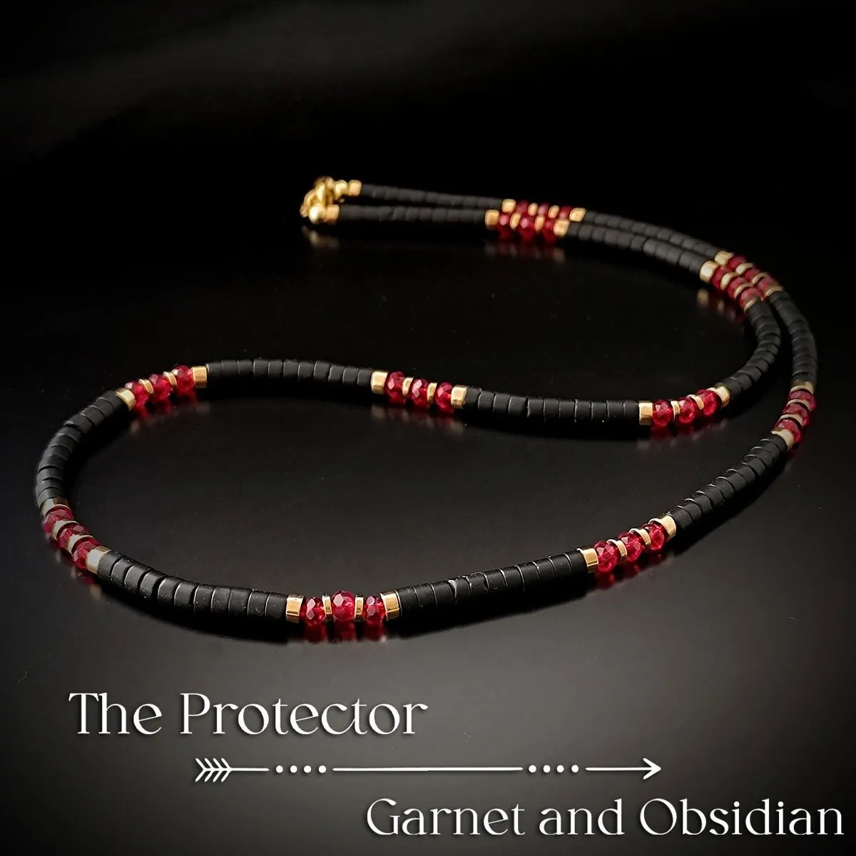 Vintage-Style Garnet and Obsidian Beaded Protector Necklace, Handmade Natural Stone Skin-Friendly Jewelry, Shields Your Energy Field, Suitable for Daily Wear. Natural Materials May Have Color Variations and Imperfections