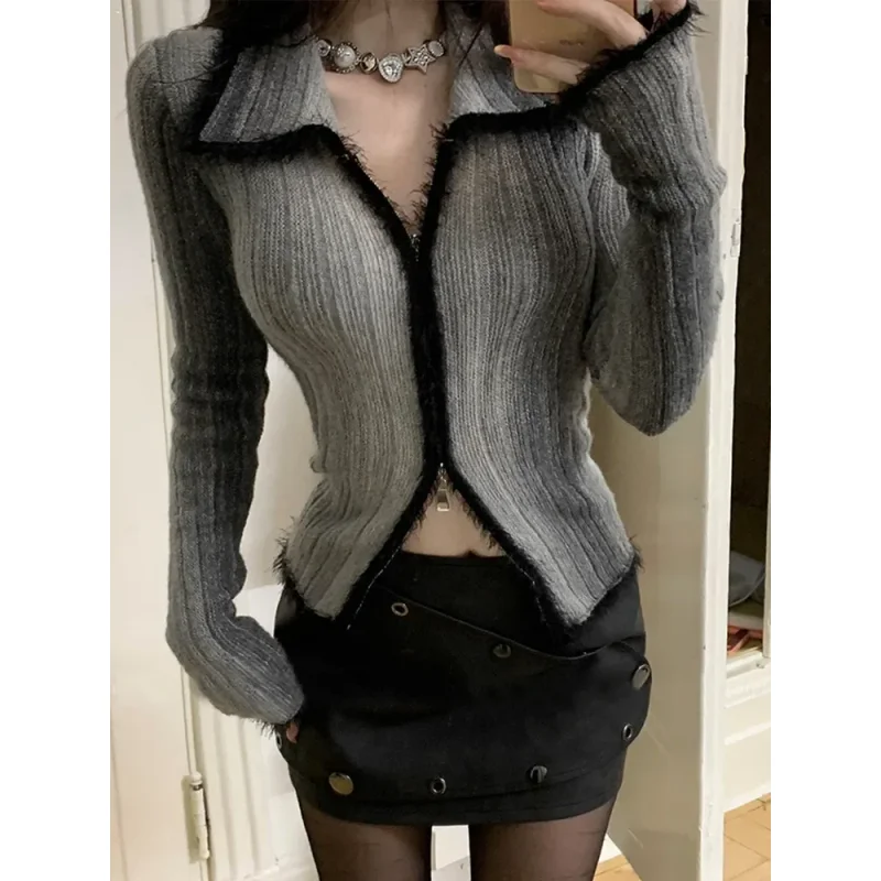 

Sweater Women Knitted Tops Tie Dye Double Zipper Cardigan Y2k Vintage Streetwear Korean Autumn Winter Gothic