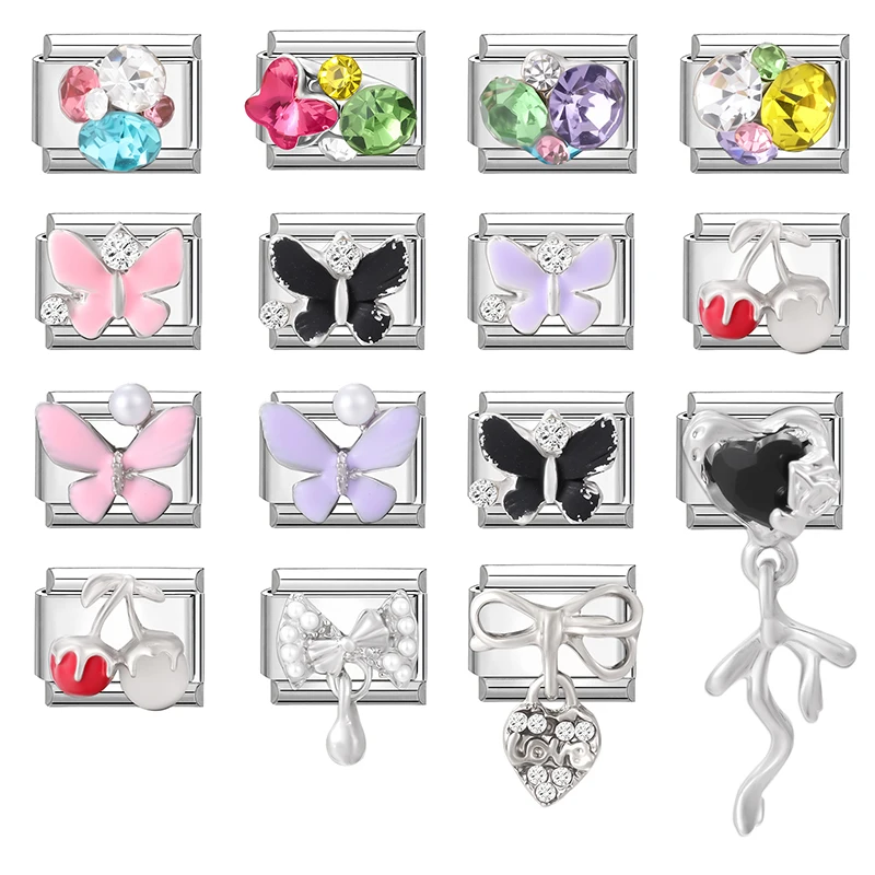 

Colorful Crystal Butterfly Zircon Bow Knot Cherry Italian Charm Links Fit 9MM Stainless Steel Bracelet Women Y2K DIY Making Gift