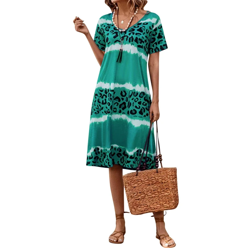 Abiti bohémien a maniche corte stampati vintage chic da donna Abiti da spiaggia Boho con scollo a V da donna