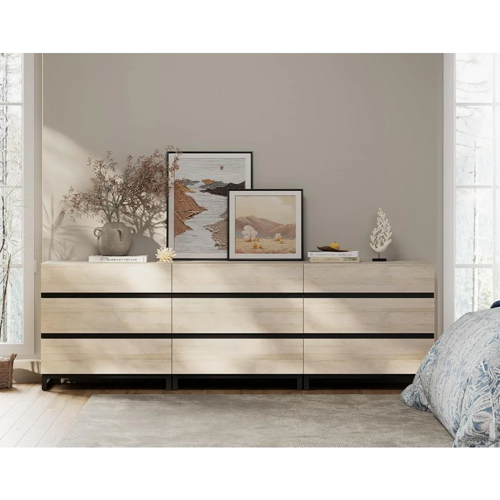 

Dresser for Bedroom, Modern Wooden Chest of Drawers with Metal Base, 9-Drawer