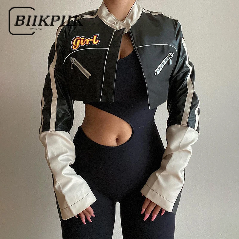 BIIKPIIK PU Patchwork Style Jackets Zip Up Punk Streetwear Vintage Coats Long Sleeve Sexy Senior Club Body-Shape Outfits Autumn