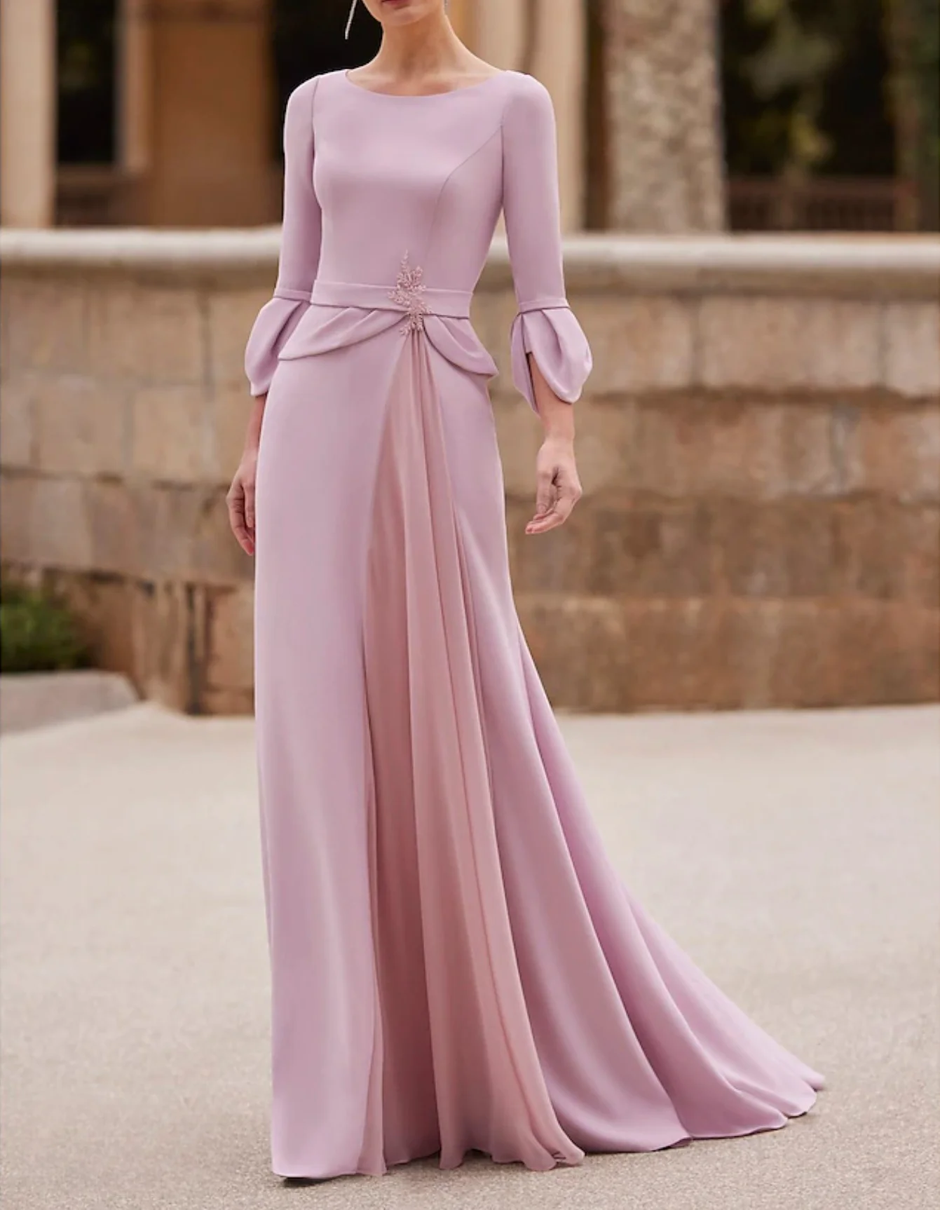 Vestido elegante até o chão com pregas Beading, cetim crepe, sereia rosa, trompete mãe da noiva, 3/4 manga de comprimento, 2024