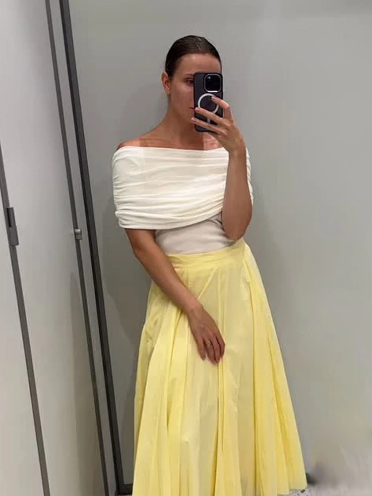 HH Women's Summer Chic Slim Knitted Tops Slash Neck Off-Shoulder Folds Decorate Pullover Female New Fashion White Tops