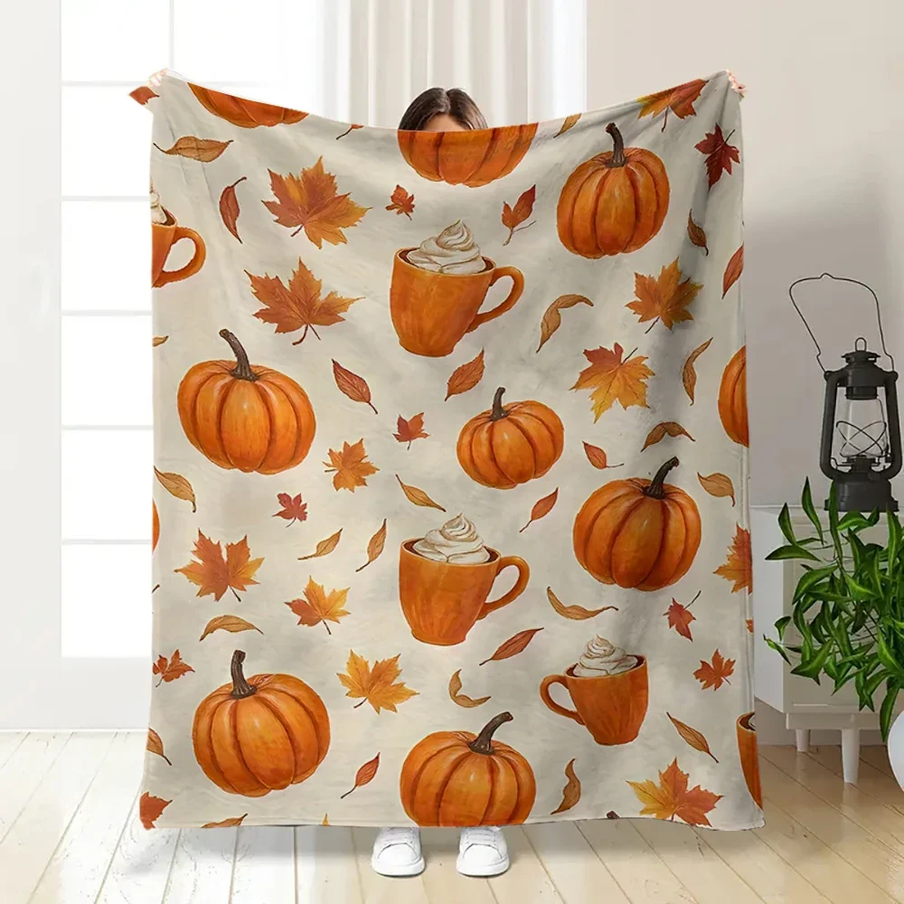 1 Piece of Watercolor Blue and Orange Pumpkin Print Flannel Blanket, Autumn Vintage Ins-Style Sofa Throw Blanket, Nap Blanket, A