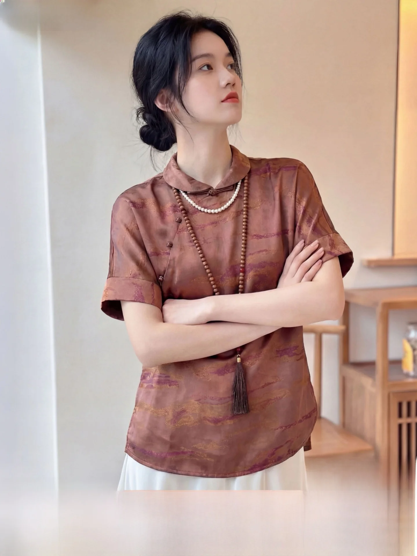 

Новая женская шелковая рубашка в китайском стиле с коротким рукавом, премиум-класса, летняя, комфортная, дышащая, повседневная