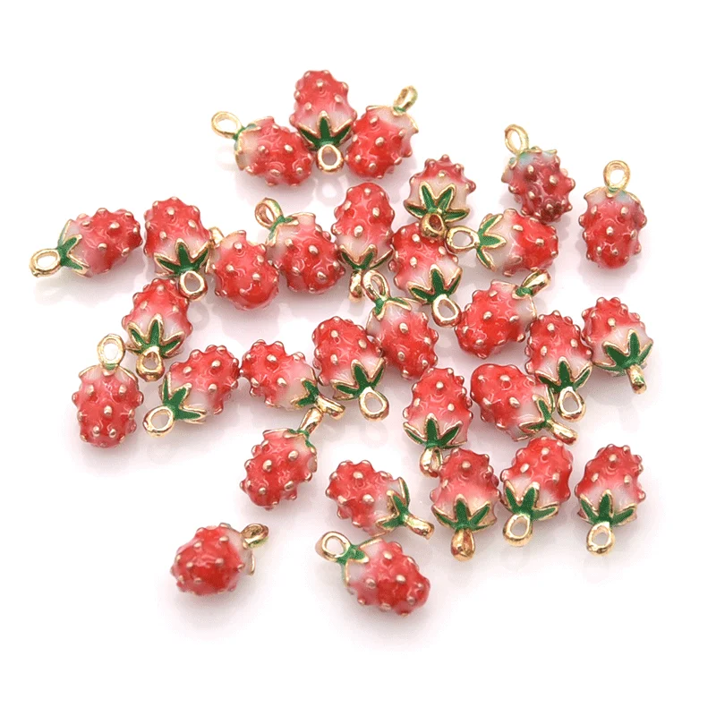 10pcs Alloy Metal Enamel Fruit Pendants 3D Strawberry Charms For DIY Earring Bracelet Necklace Jewerly Making Ornament