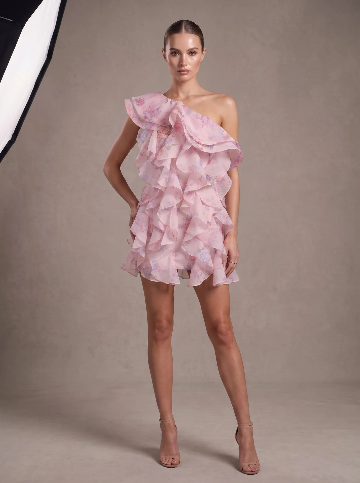 Sexy One Shoulder Pink Printed Slanted Collar Mini Dress Sleeveless Multi-Layer Ruffle Flowy Dresses Slim A-line Holiday Dress