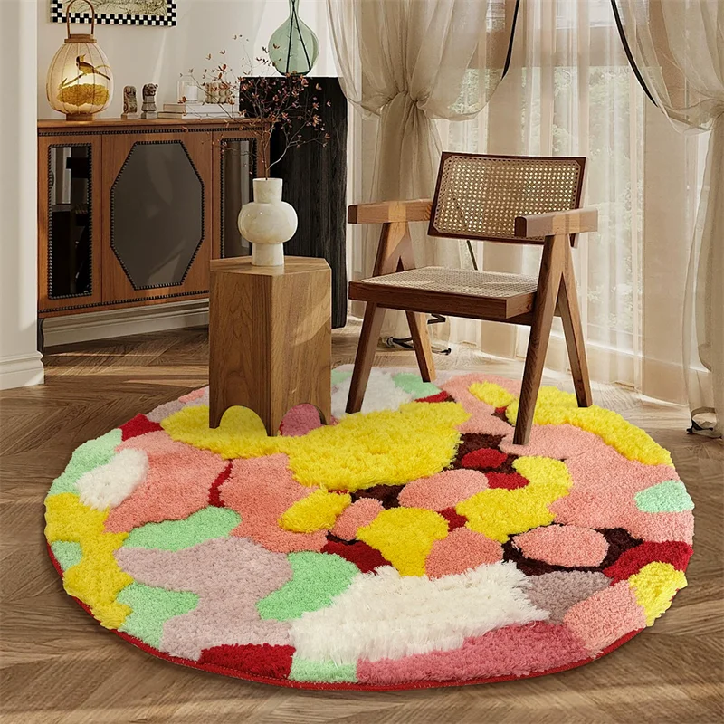 Yellow Pink Art Round Carpet For Living Room Soft Tufted Rugs For Bedroom Home Kids Room Floor Mat Modern Cloakroom Area Rug