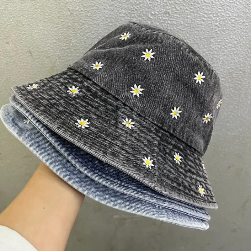 

New Fisherman Hat for Women Flower Print Bucket Hats Summer Sunscreen Outdoor Beach Denim Hats Female Casual Basin Cap