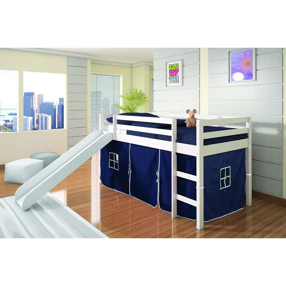 

Детская кровать белого цвета размера Twin с горкой и синей палаткой, низкая, в стиле лофт