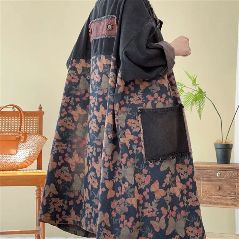 

190 фунтов, весенний женский новый ретро винтажный этнический стиль с принтом, свободный средний длинный повседневный утягивающий джинсовый плащ JJ655