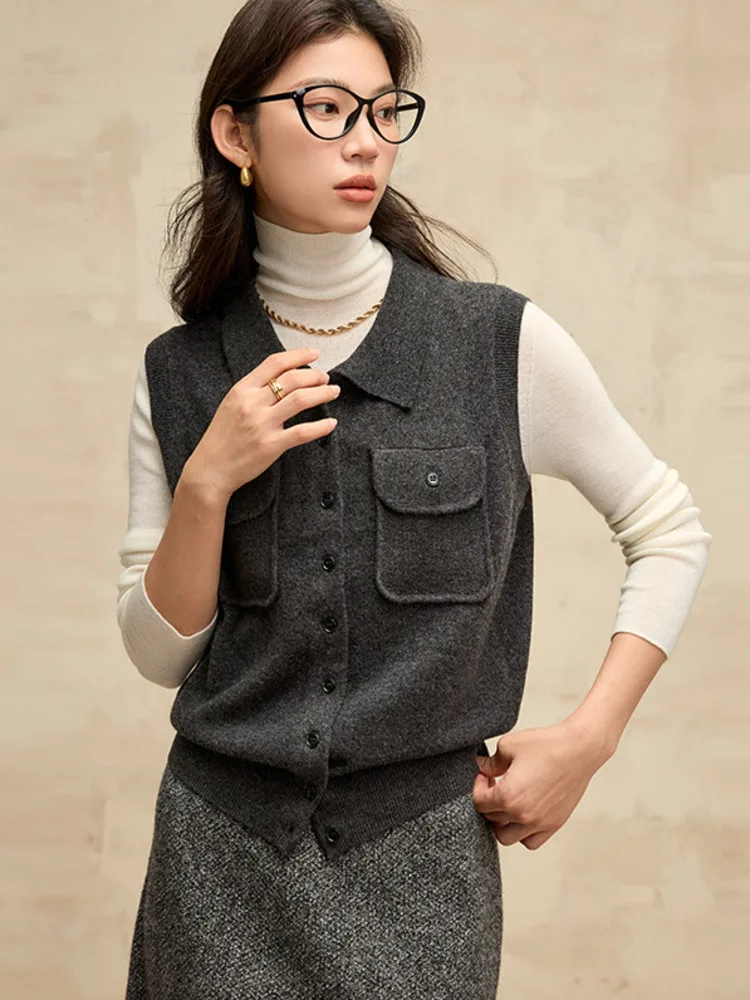 Vintage Lapel Pure Wool Sweater Vest Women Polo Collar Single Breasted Pocket Knitted Tops