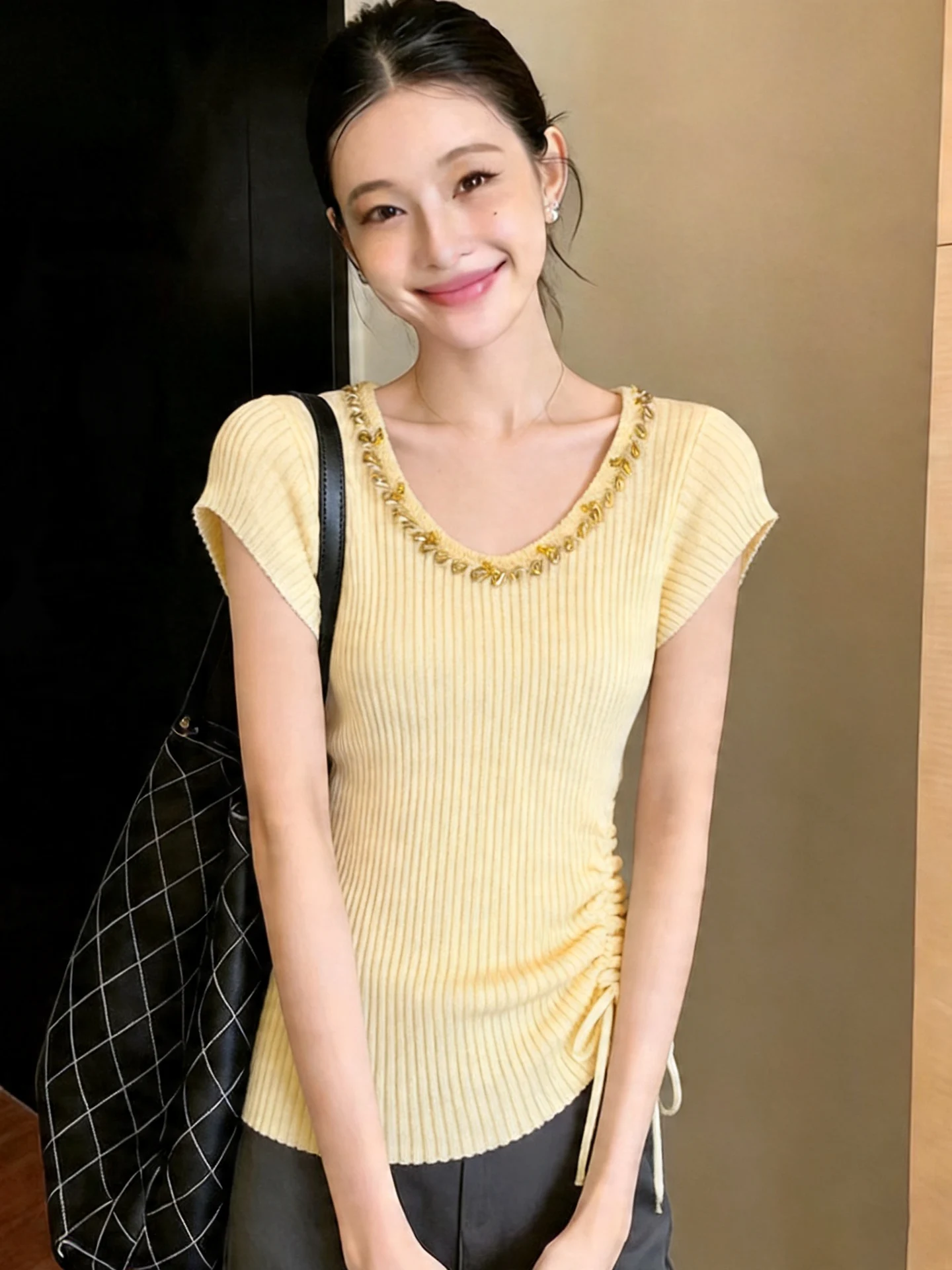 Elegant Blue Short Sleeve Knitted Top Women's Slim Fit Drawstring Waistband Design Summer Fashion Stylish Body Shaping Top