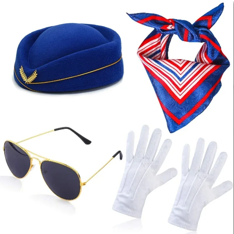 Ensemble d'accessoires de cosplay pour hôtesse de l'air : chapeau, lunettes de soleil, foulard en soie, gants, broche, accessoires de costume de fête pour hôtesse