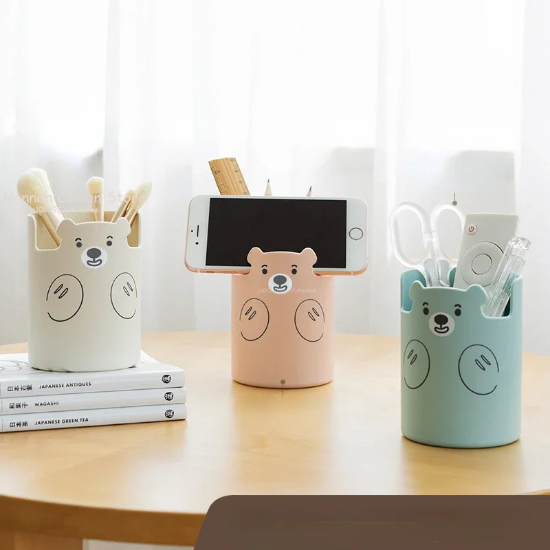 Multifunctional Pen Holder Kawaii Cartoon Bear Makeup Brush Holder Lovely Fashion Phone Holder Student Stationery Pen Organizer