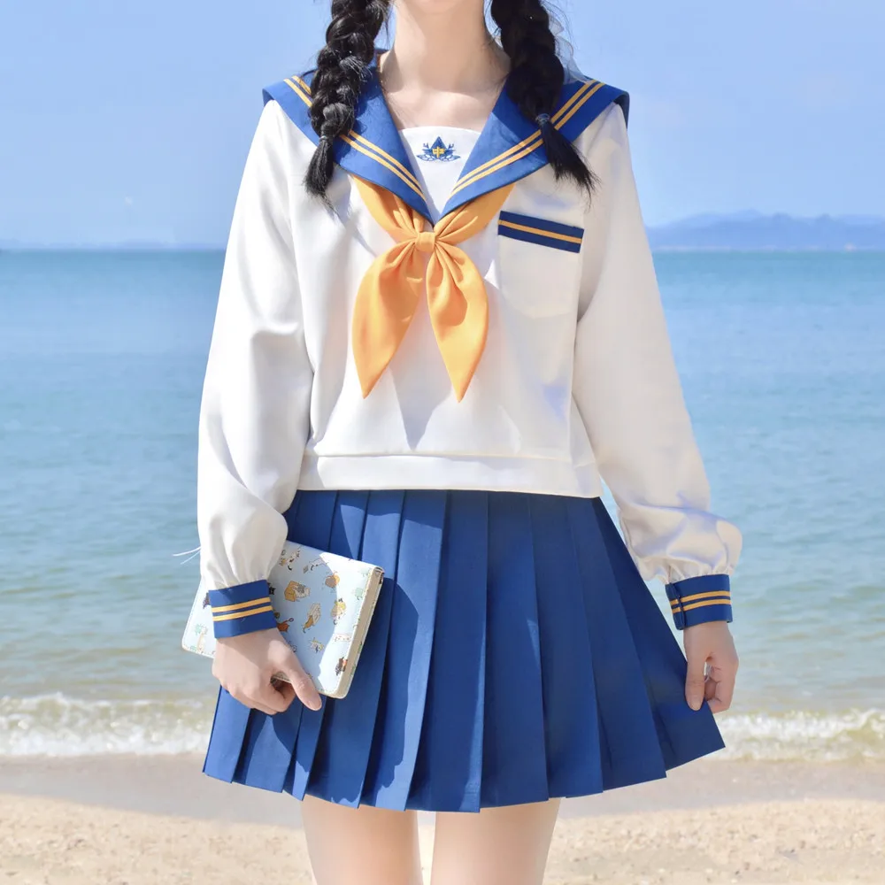 White blue School Uniform Dress Japanese Schoolgirls Sailor Top Tie Pleated Skirt Outfit Cosplay Costume Japan Anime Girl Lady