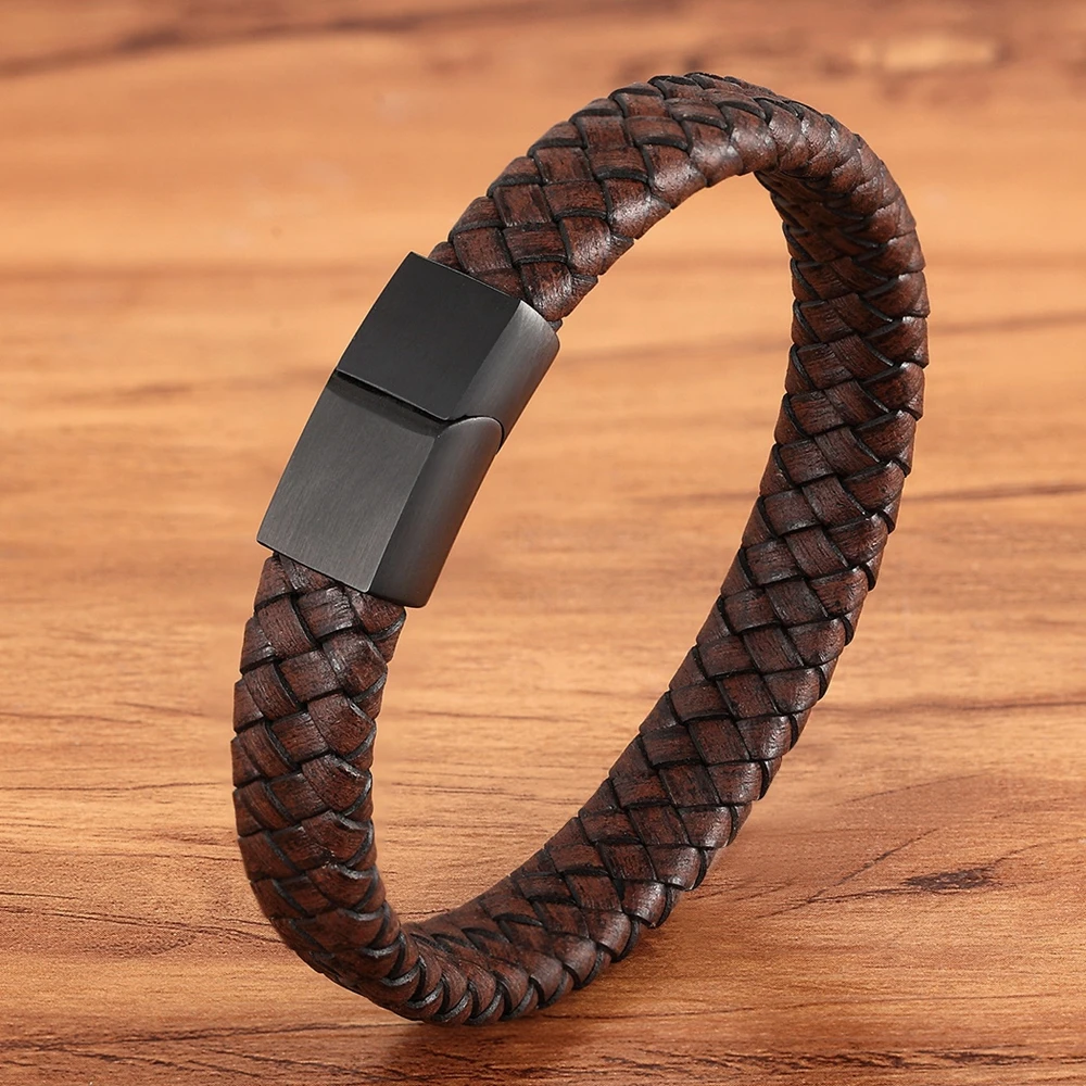 

OKLA Fashion Jewelry Combination Brown Color Leather Stainless Steel Buckle Men Bracelet Hot Selling For Birthday Simple Gift