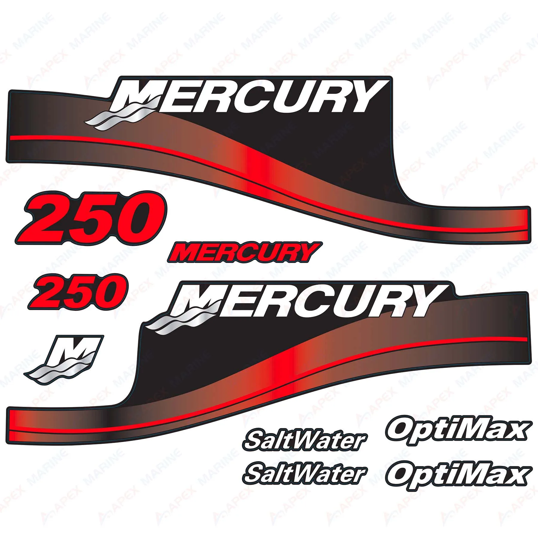 Decals for Mercury 250 hp OptiMax SaltWater Outboard Engine Red Decal Kit Sticker Set Reproduction 250HP Salt Water Opti Max