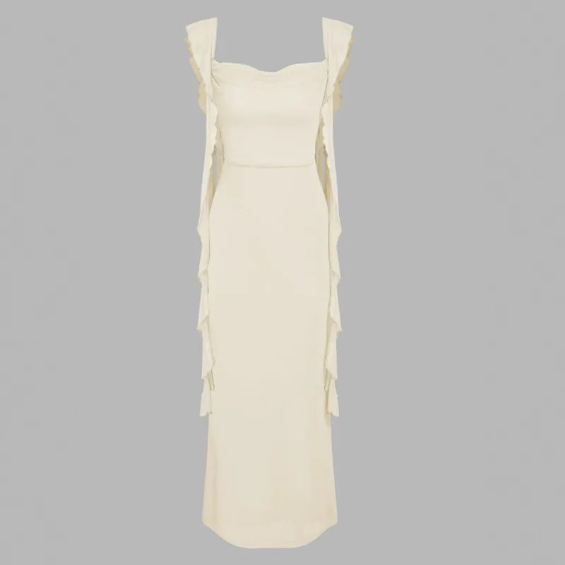 فستان نسائي صيفي جديد موديل 2025 برقبة مربعة بدون أكمام مكشكش وجانبي مطوي أخضر فاتح بقصة ضيقة فستان أنيق #3