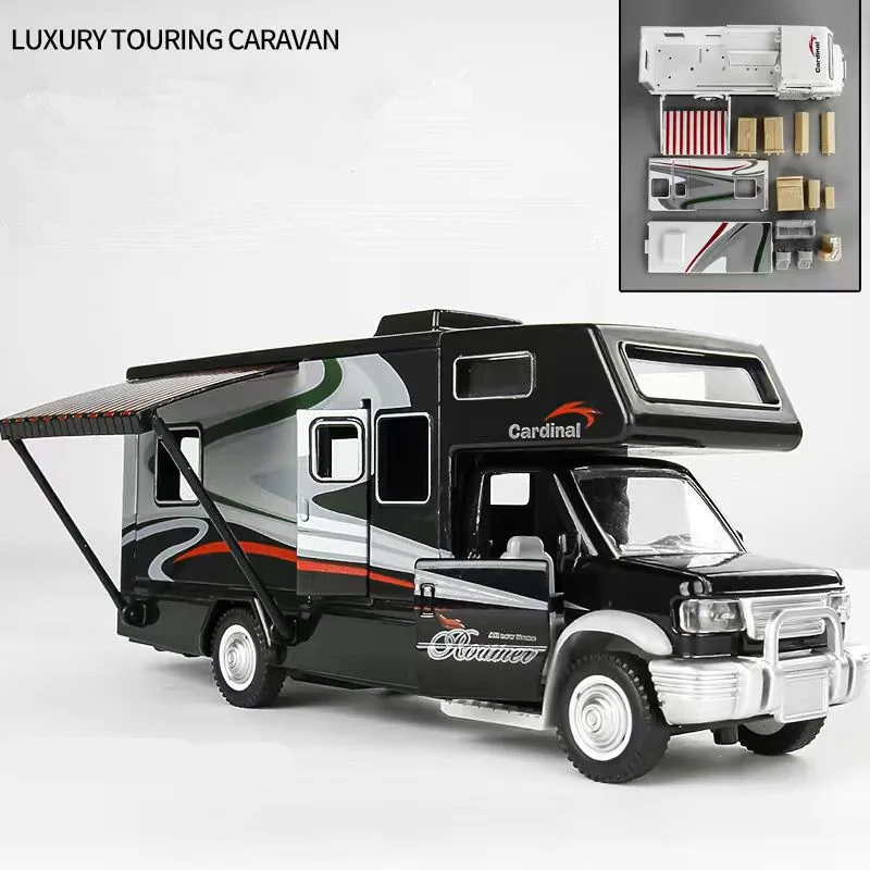 1:28 Alloy Luxury RV Caravan Vehicles Car Model Diecast Metal Camper Van Motorhome Touring Car Model Sound Light Kids Toys Gifts