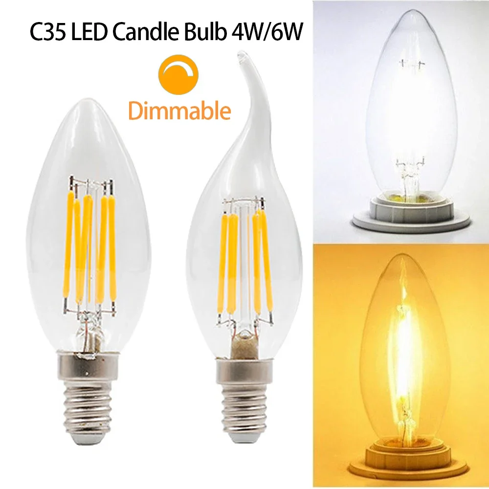 

Dimmable E14 LED Filament Bulb Edison Retro Candle Light 4W/6W Warm/Cold White AC220-240V 360 Degree C35 Chandelier Lamp