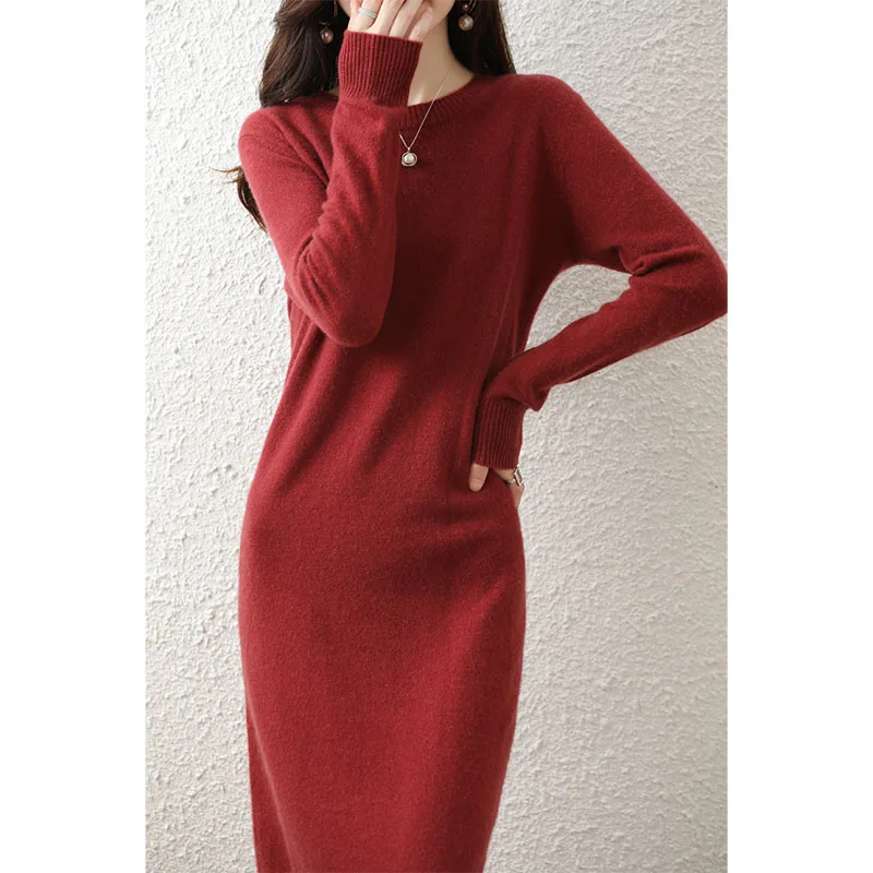 2022 Womens Winter 100% Wool Sweaters And Autumn Knitted Dresses Pullovers High Quality Soft  Warm Knee-Length Jumper S-XXL