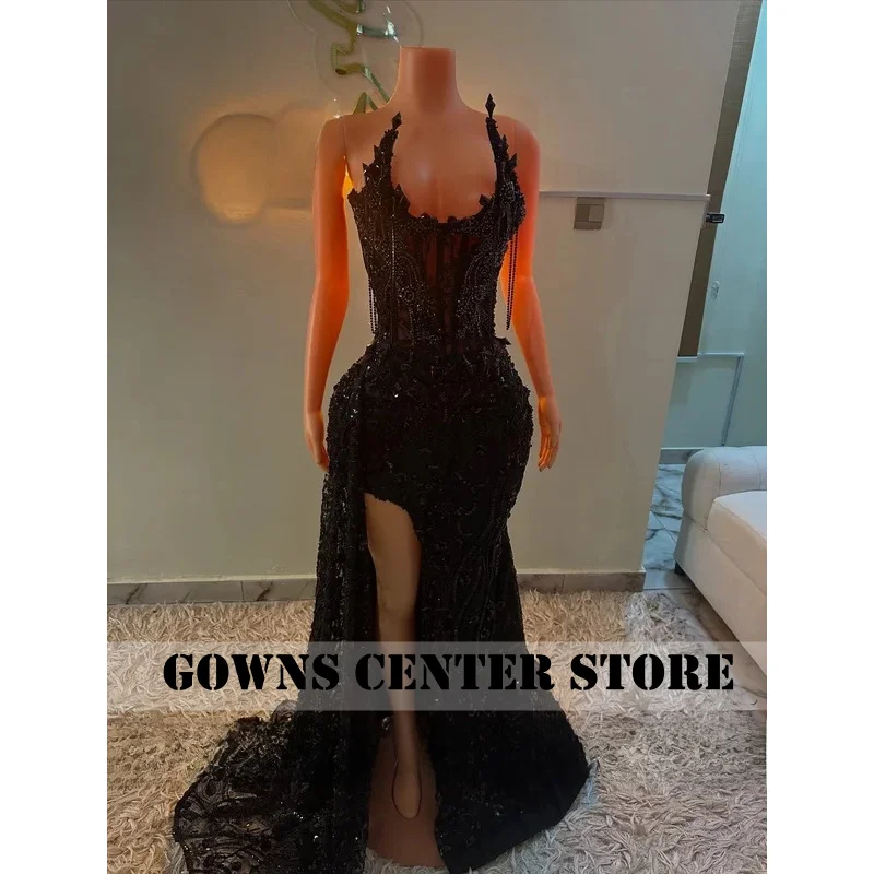 Luxury Black Bead Lace Prom Dresses 2027 With Tassels Sequined African Women Formal Wedding Party Dress Evening Gowns Customized