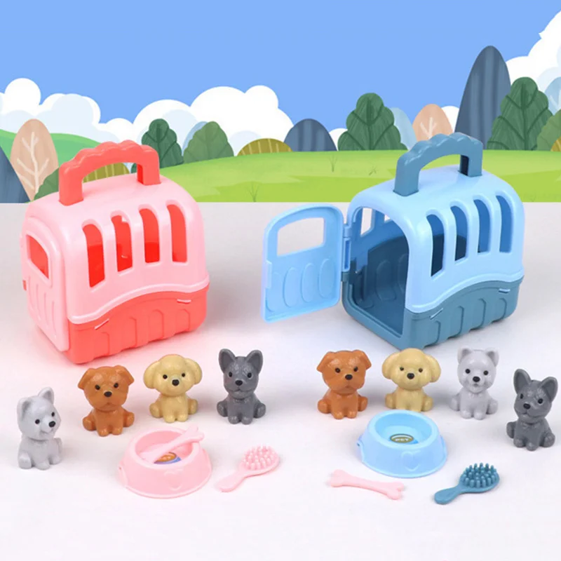 8pcs/set Cute Dog Pet Basket Family Toys Dog Doll Set Dog Cage Toys Scene Playing Toys Christmas Decoration Gifts